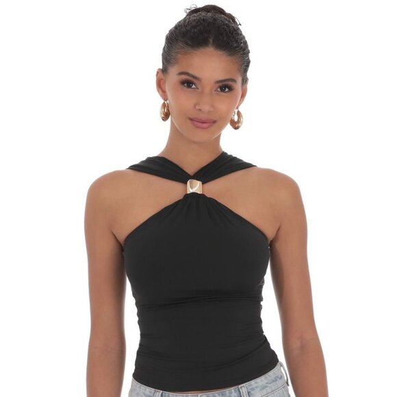 1 LEFT!! LUCY IN THE SKY GOLD EMBELLISHED BLACK TOP - Picture 1 of 3
